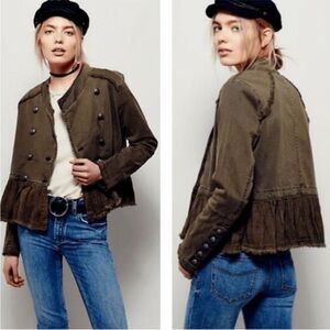 Free People | Women’s Olive Green Ruffle Hem Utility Jacket Button Accents Sz XS
